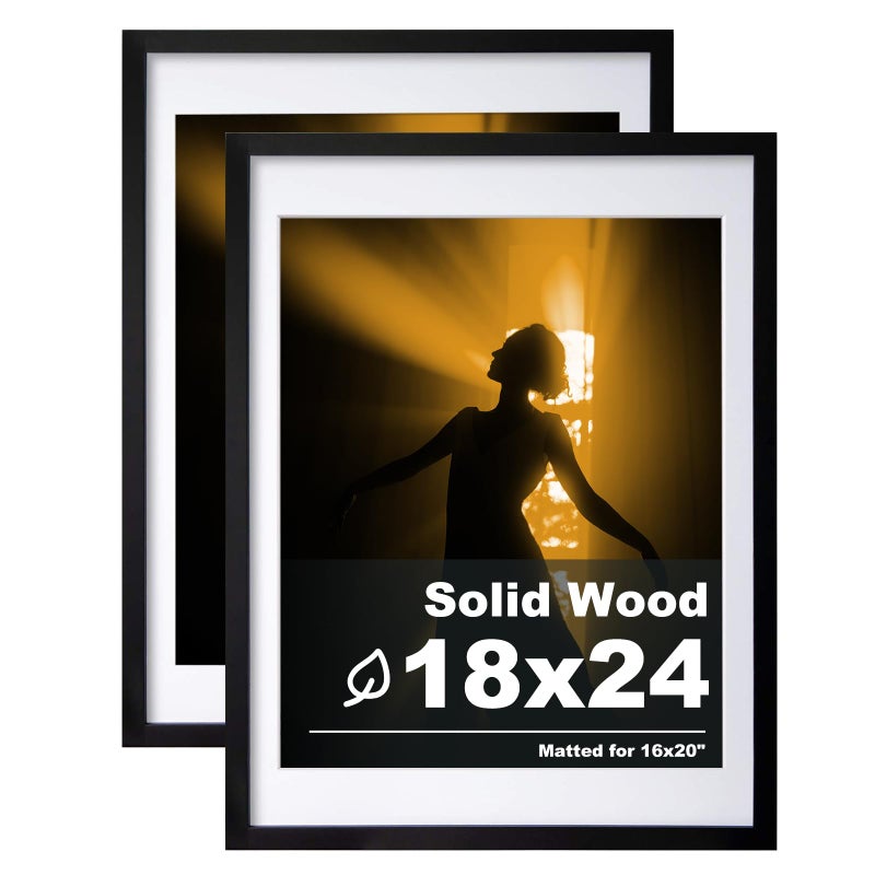 Egofine 18x24 Solid Wood Poster Frames Matted for 16x20 Black - Acrylic Plexiglass Front for Wall Mounting Hanging Picture Frame Vertically or Horizontally, Set of 2 - Image 1